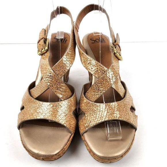 Sofft Cork Gold Metallic Reptile Strappy Leather Cork Wedges Comfort Sandals 10M - Picture 5 of 8